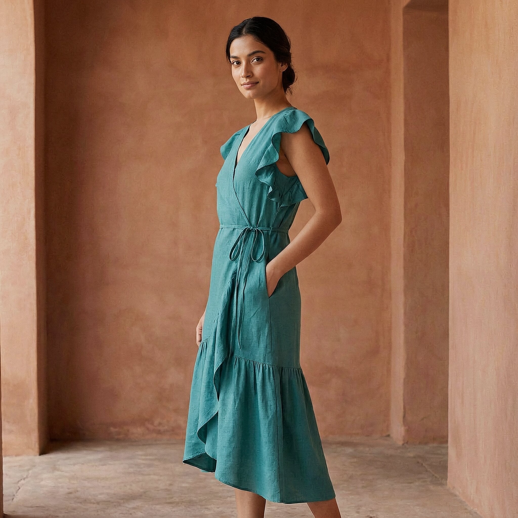 Pine Green Cotton Linen Ruffle Midi Wrap Dress