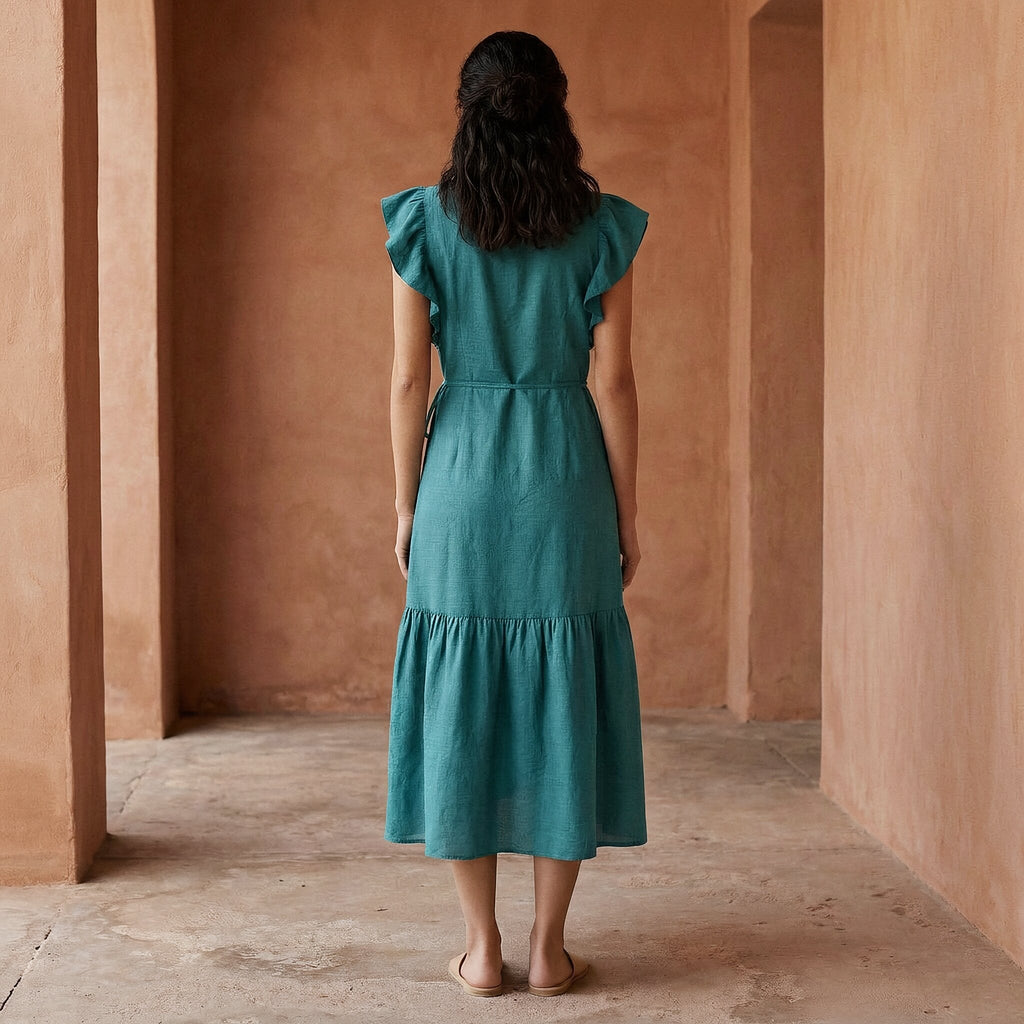 Pine Green Cotton Linen Ruffle Midi Wrap Dress