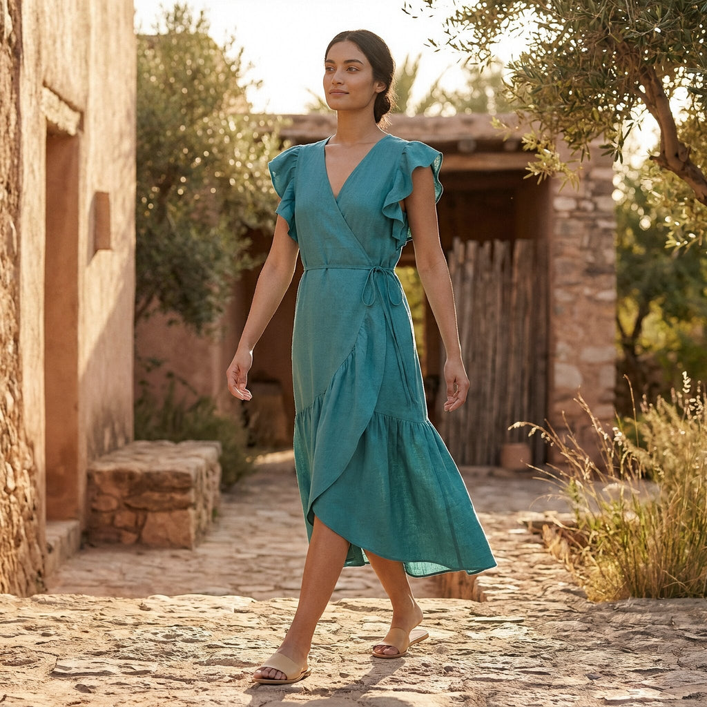 Pine Green Cotton Linen Ruffle Midi Wrap Dress
