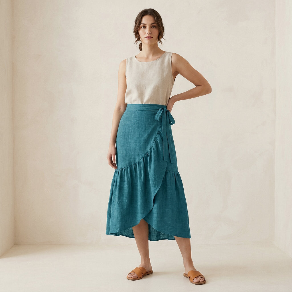 Pine Green Cotton Linen Ruffle Midi Wrap Skirt