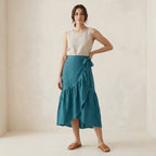 Pine Green Cotton Linen Ruffle Midi Wrap Skirt