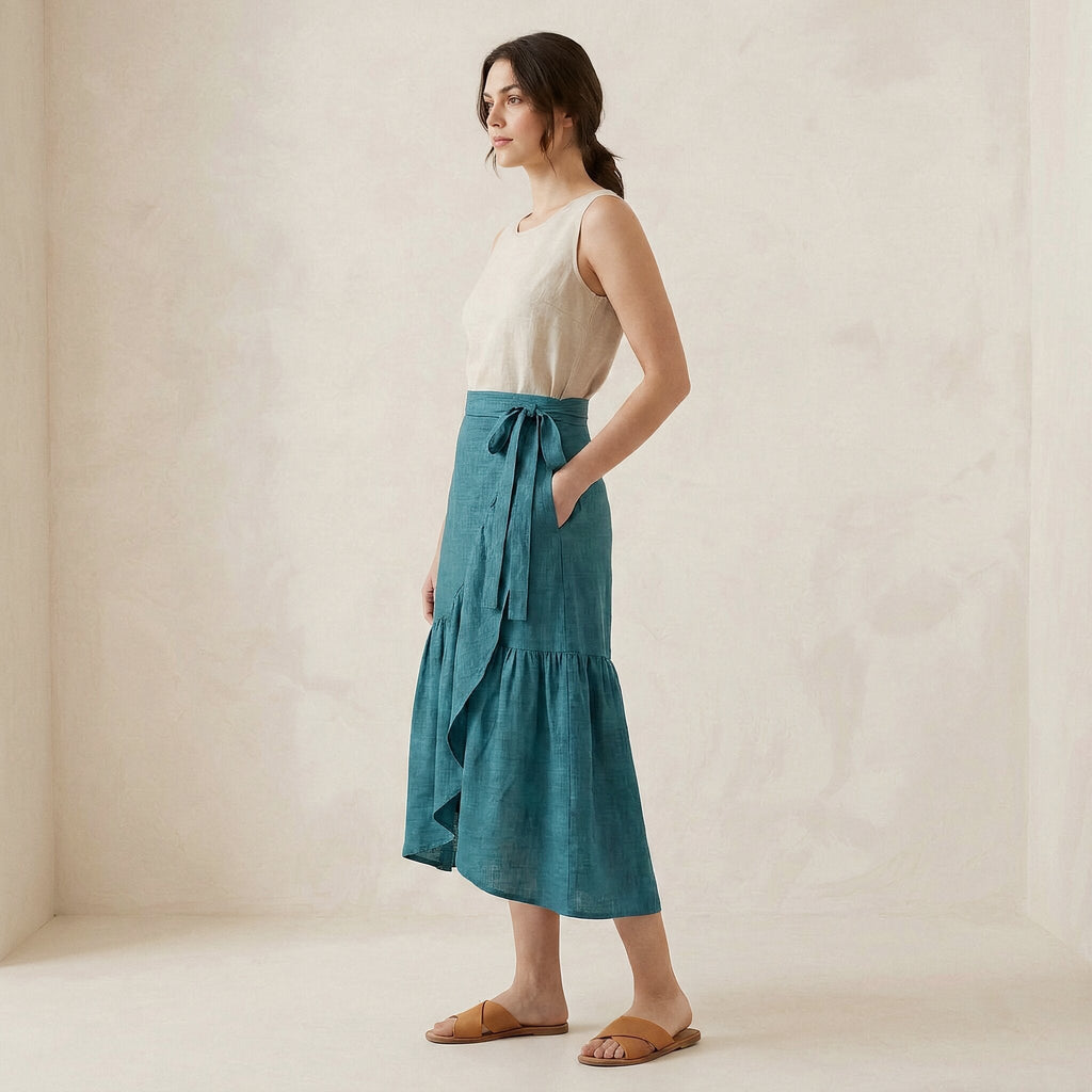Pine Green Cotton Linen Ruffle Midi Wrap Skirt