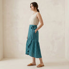 Pine Green Cotton Linen Ruffle Midi Wrap Skirt
