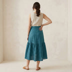 Pine Green Cotton Linen Ruffle Midi Wrap Skirt