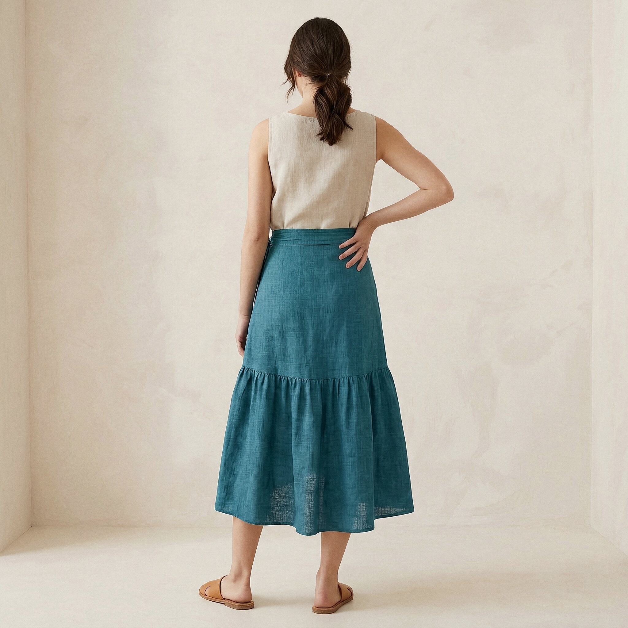 Pine Green Cotton Linen Ruffle Midi Wrap Skirt