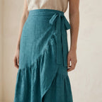 Pine Green Cotton Linen Ruffle Midi Wrap Skirt