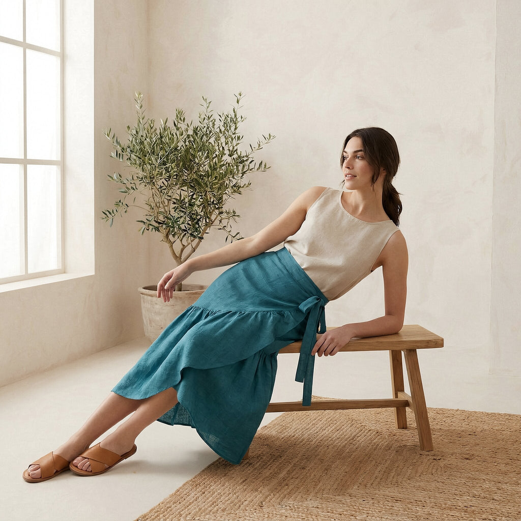 Pine Green Cotton Linen Ruffle Midi Wrap Skirt