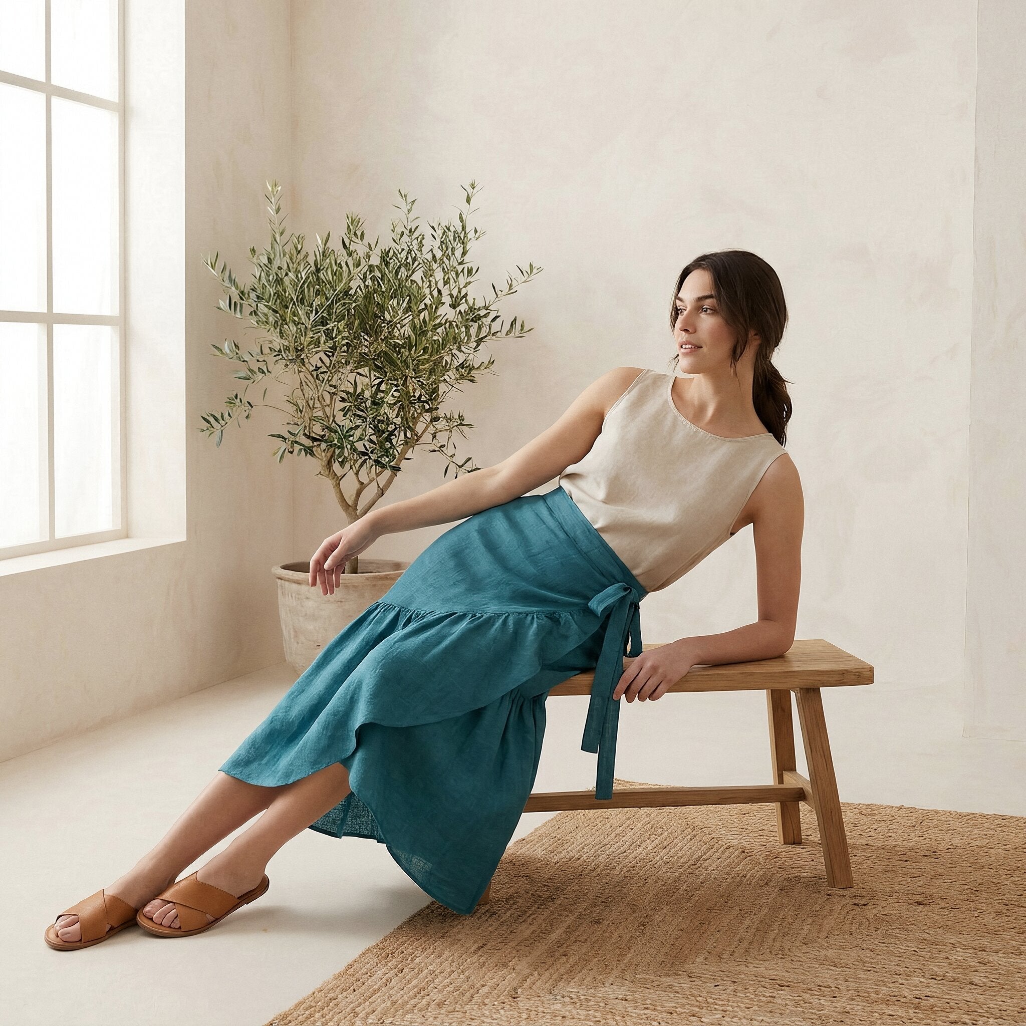 Pine Green Cotton Linen Ruffle Midi Wrap Skirt