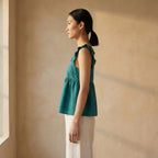 Pine Green Cotton Linen Ruffle-Strap Square Neck Peplum Top