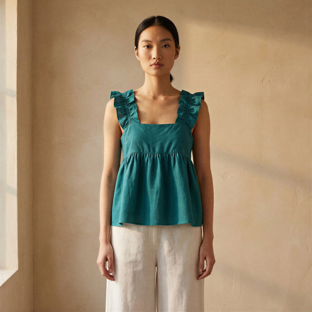 Pine Green Cotton Linen Ruffle-Strap Square Neck Peplum Top