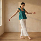 Pine Green Cotton Linen Ruffle-Strap Square Neck Peplum Top