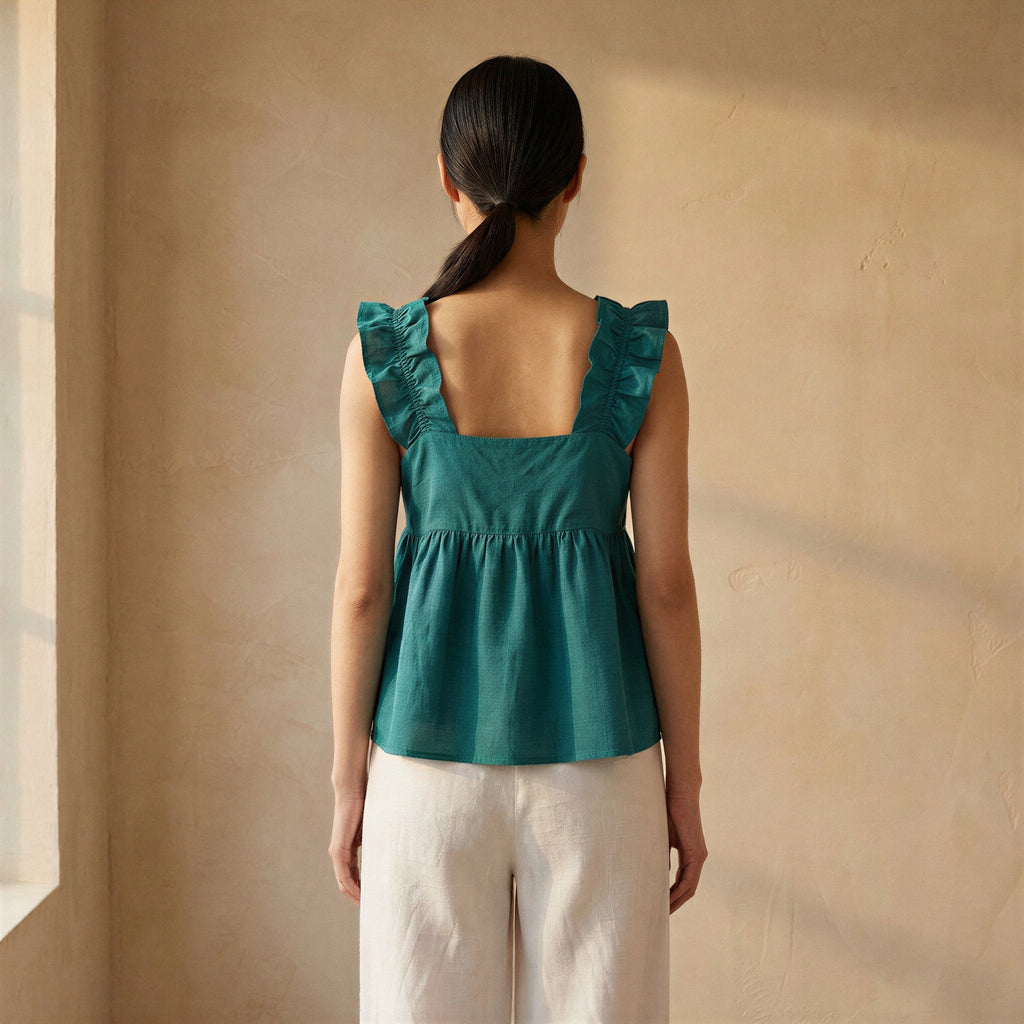 Pine Green Cotton Linen Ruffle-Strap Square Neck Peplum Top