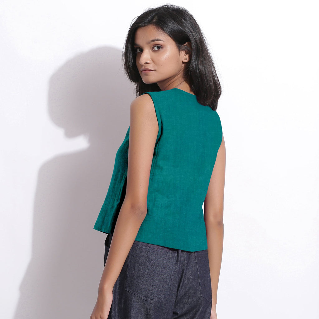Pine Green Cotton Linen Sleeveless Button-Down Shirt