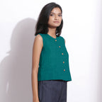 Pine Green Cotton Linen Sleeveless Button-Down Shirt
