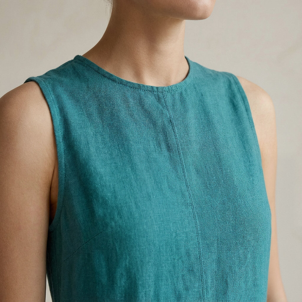 Pine Green Cotton Linen Sleeveless Paneled Maxi Dress