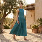 Pine Green Cotton Linen Sleeveless Paneled Maxi Dress