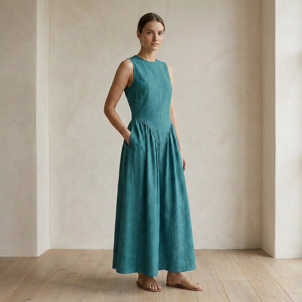 Pine Green Cotton Linen Sleeveless Paneled Maxi Dress