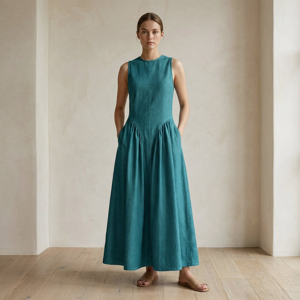 Pine Green Cotton Linen Sleeveless Paneled Maxi Dress