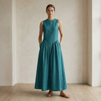 Pine Green Cotton Linen Sleeveless Paneled Maxi Dress