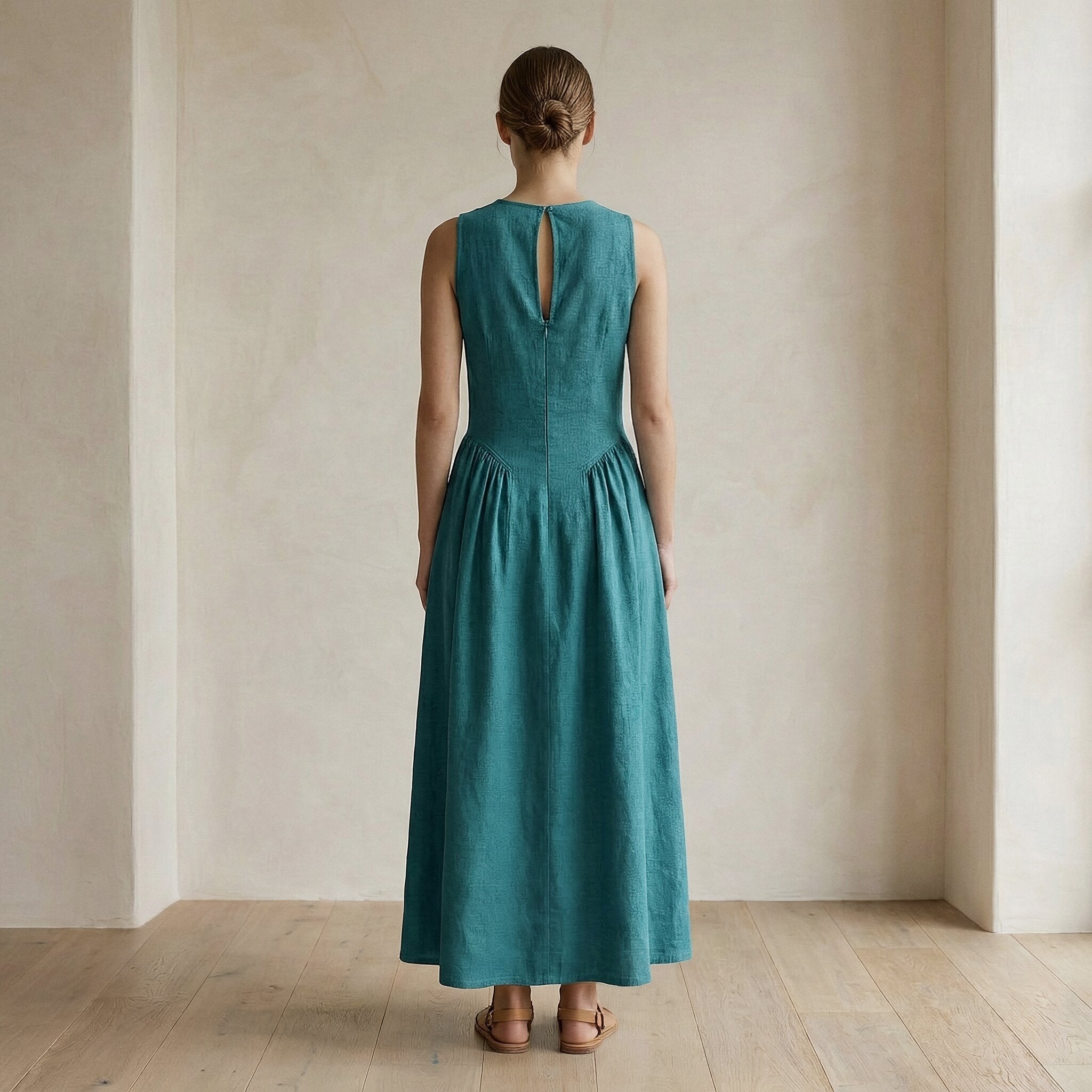 Pine Green Cotton Linen Sleeveless Paneled Maxi Dress
