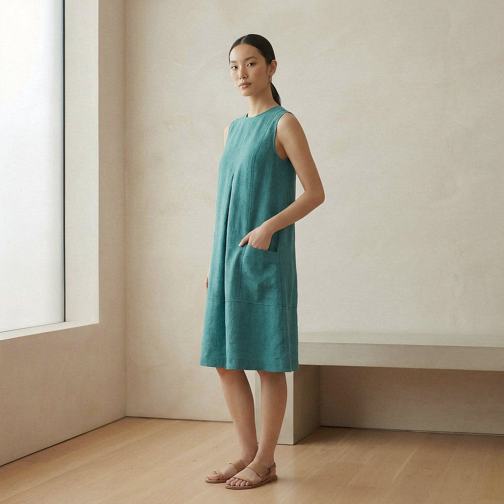 Pine Green Cotton Linen Sleeveless Paneled Swing Dress