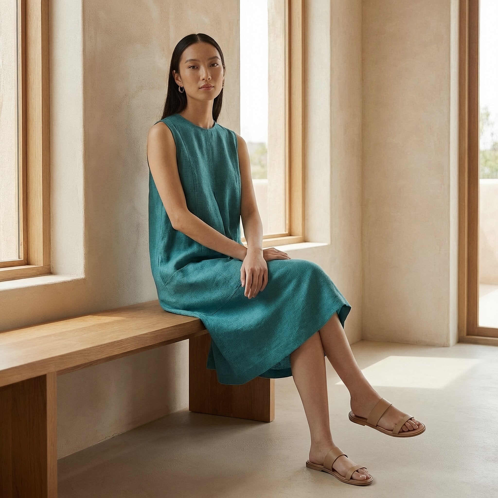 Pine Green Cotton Linen Sleeveless Paneled Swing Dress