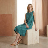 Pine Green Cotton Linen Sleeveless Paneled Swing Dress