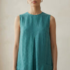 Pine Green Cotton Linen Sleeveless Paneled Swing Dress