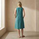 Pine Green Cotton Linen Sleeveless Paneled Swing Dress