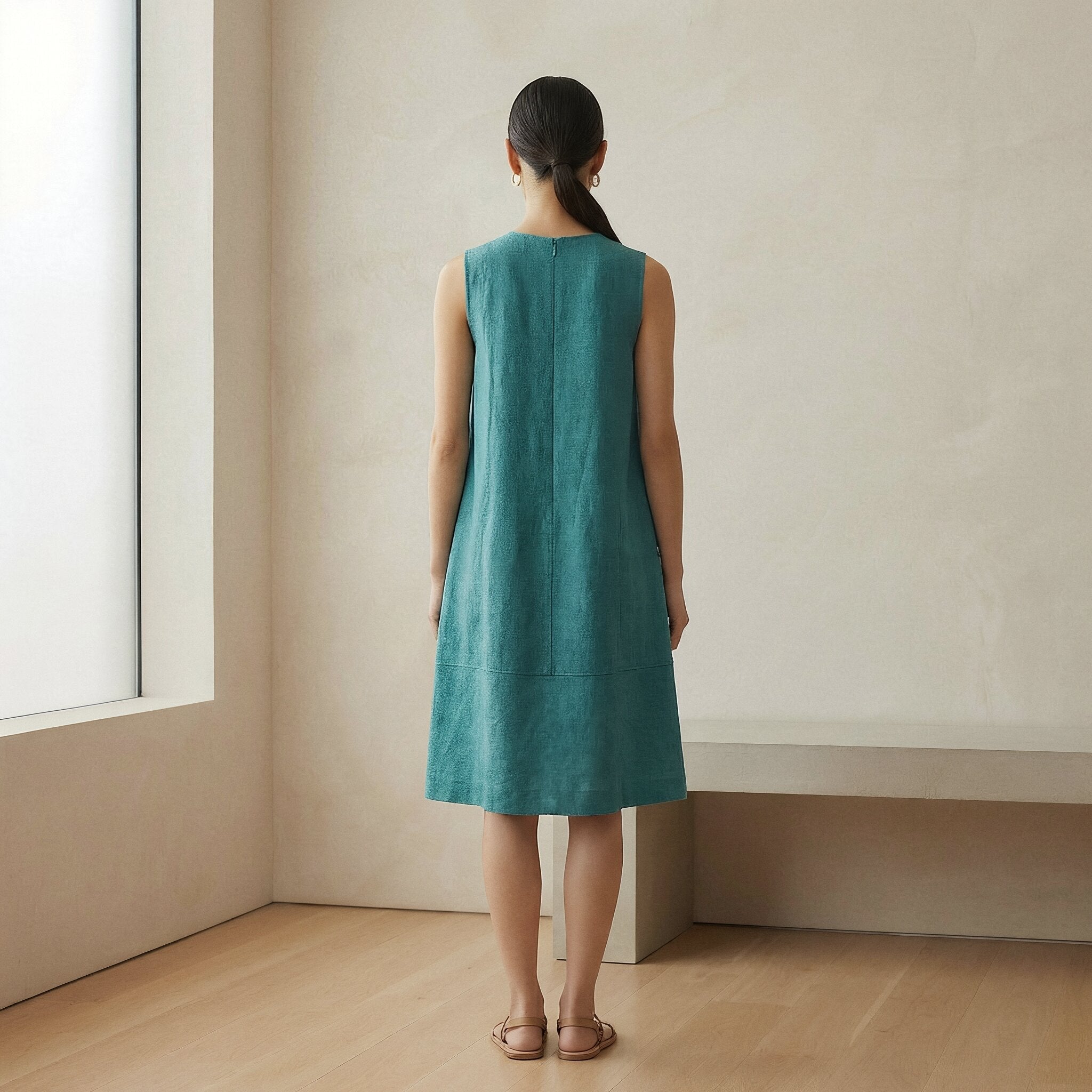 Pine Green Cotton Linen Sleeveless Paneled Swing Dress