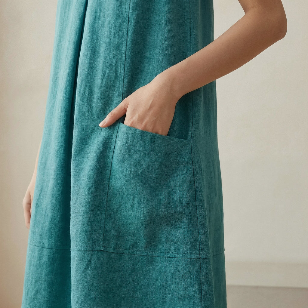 Pine Green Cotton Linen Sleeveless Paneled Swing Dress