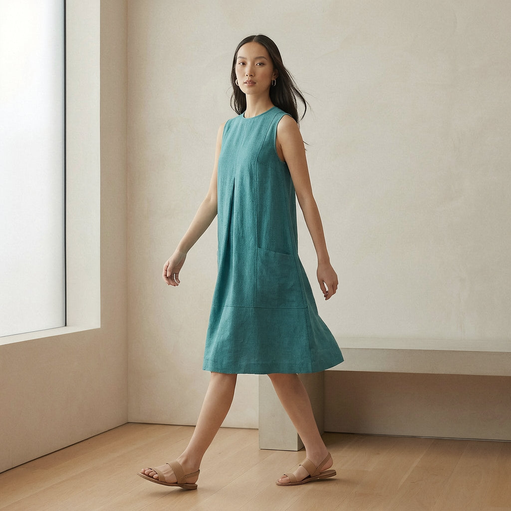 Pine Green Cotton Linen Sleeveless Paneled Swing Dress