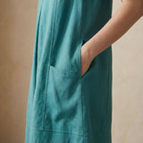 Pine Green Cotton Linen Sleeveless Paneled Swing Dress