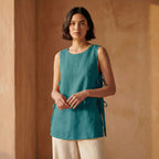 Pine Green Cotton Linen Sleeveless Side-Tie Long Top