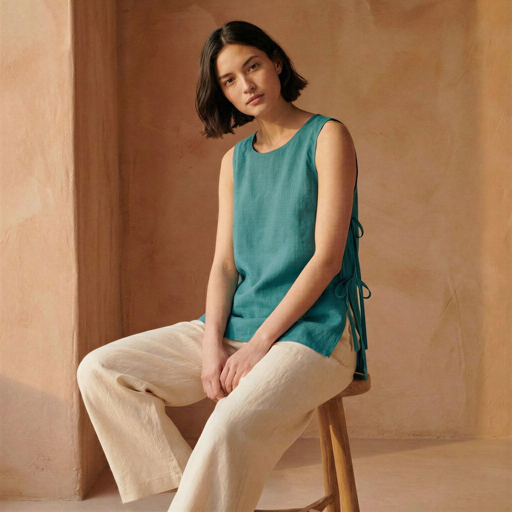 Pine Green Cotton Linen Sleeveless Side-Tie Long Top