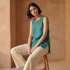 Pine Green Cotton Linen Sleeveless Side-Tie Long Top