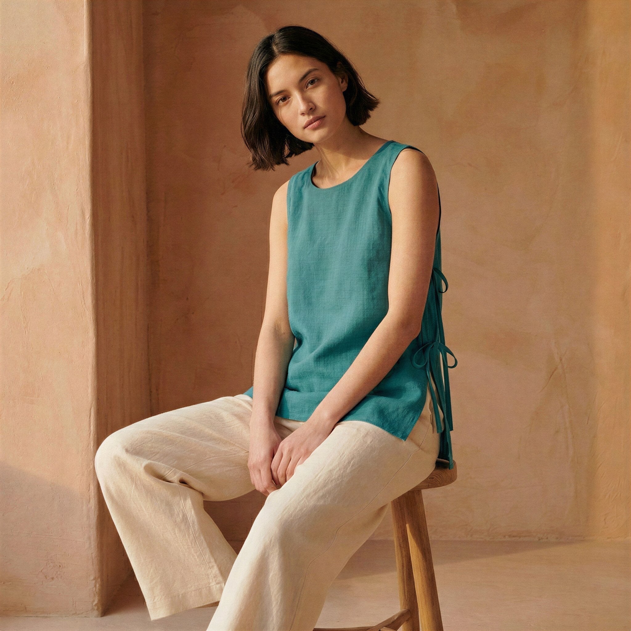 Pine Green Cotton Linen Sleeveless Side-Tie Long Top