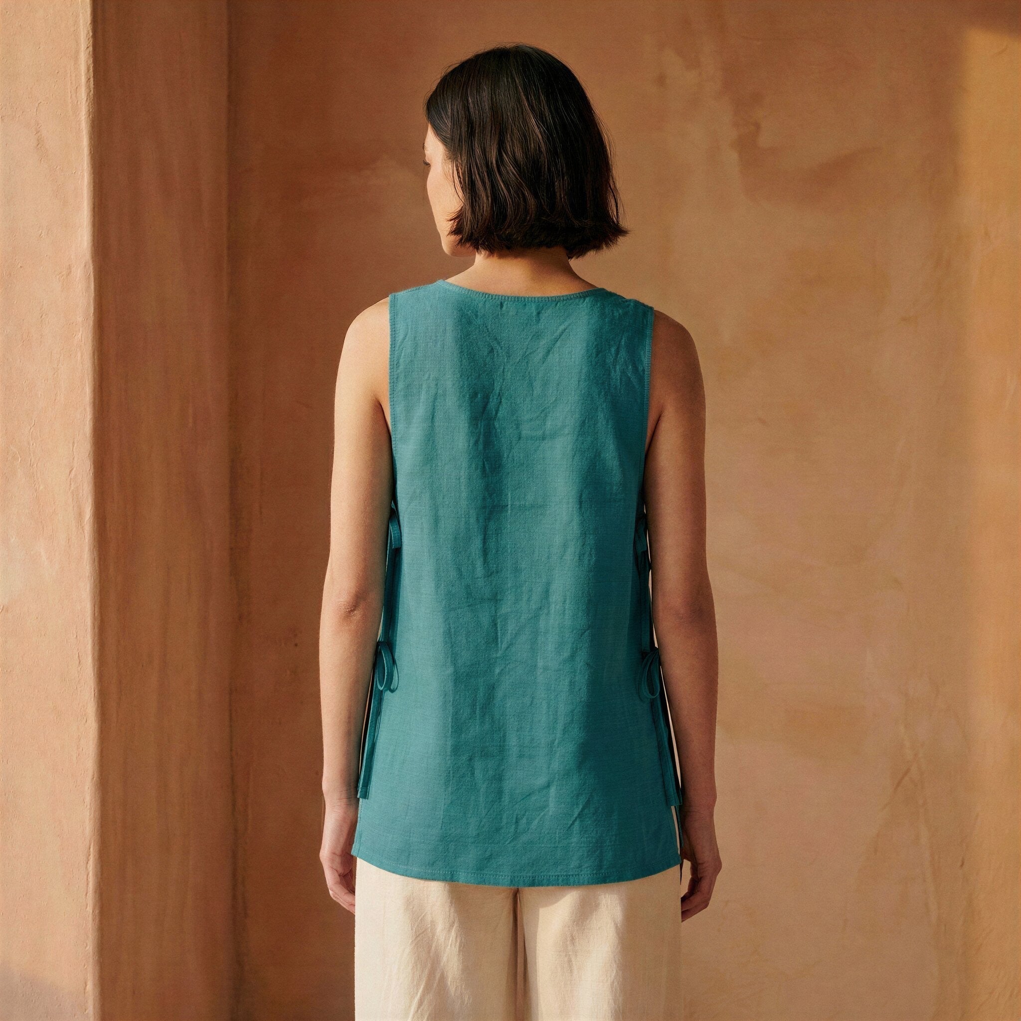 Pine Green Cotton Linen Sleeveless Side-Tie Long Top
