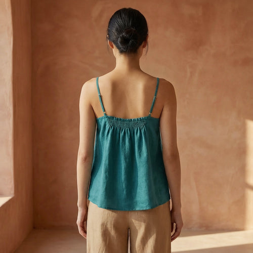 Pine Green Cotton-Linen Spaghetti Strap Top with Elastic Gathered Back