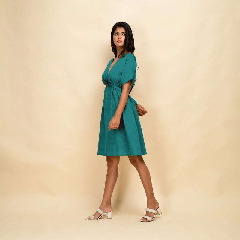 Pine Green Cotton Linen V-Neck Knee Length Blouson Dress