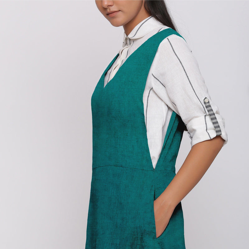 Pine Green Cotton Linen V-Neck Midi Pinafore Dress