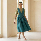 Pine Green Cotton-Linen V-Neck Pinafore Midi Wrap Dress