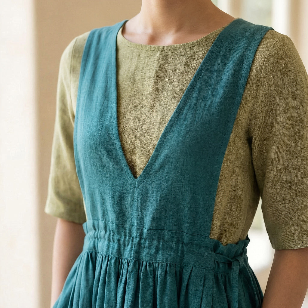 Pine Green Cotton-Linen V-Neck Pinafore Midi Wrap Dress