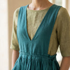 Pine Green Cotton-Linen V-Neck Pinafore Midi Wrap Dress