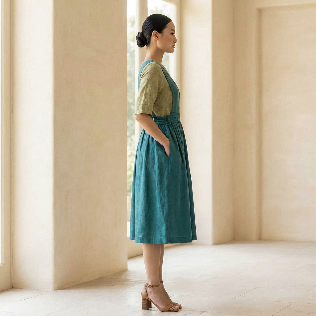 Pine Green Cotton-Linen V-Neck Pinafore Midi Wrap Dress