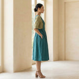 Pine Green Cotton-Linen V-Neck Pinafore Midi Wrap Dress