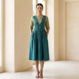 Pine Green Cotton-Linen V-Neck Pinafore Midi Wrap Dress