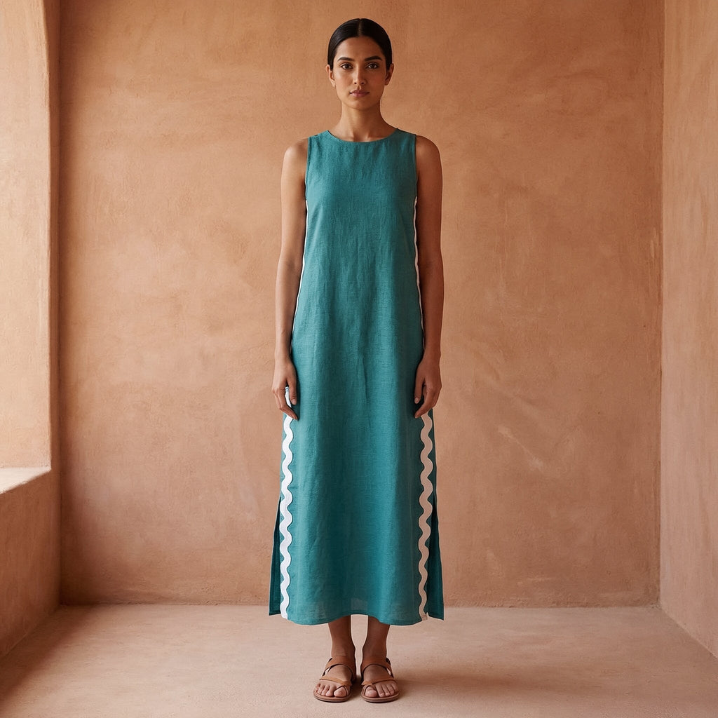 Pine Green Cotton Linen Wavy Stripe Maxi Shift Dress