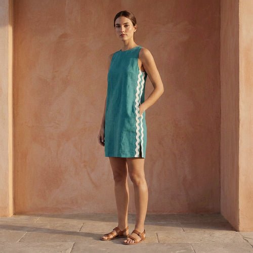 Pine Green Cotton Linen Wavy Stripe Short Shift Dress