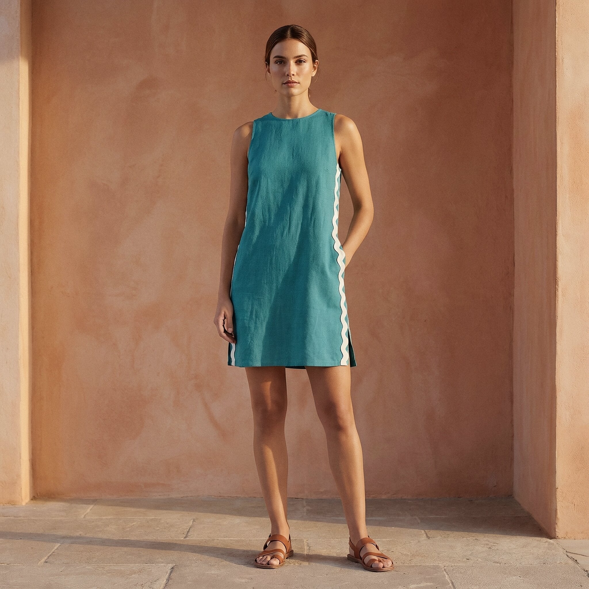 Pine Green Cotton Linen Wavy Stripe Short Shift Dress